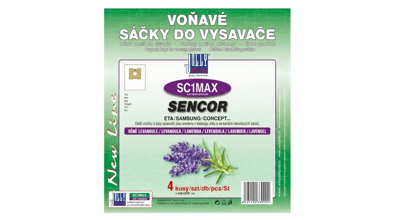 Balenie voňavých vreciek do vysávača Jolly SC1MAX Levanduľa pre vysávače Sencor, Eta, Samsung a Concept s vyobrazením kvetu levandule.