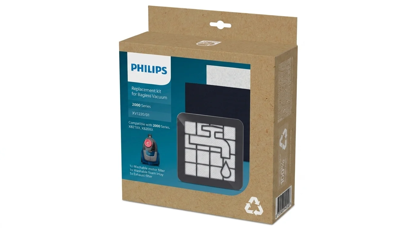 Kartonové balení náhradní sady filtrů Philips XV1220/01 pro bezsáčkové vysavače řady 2000.