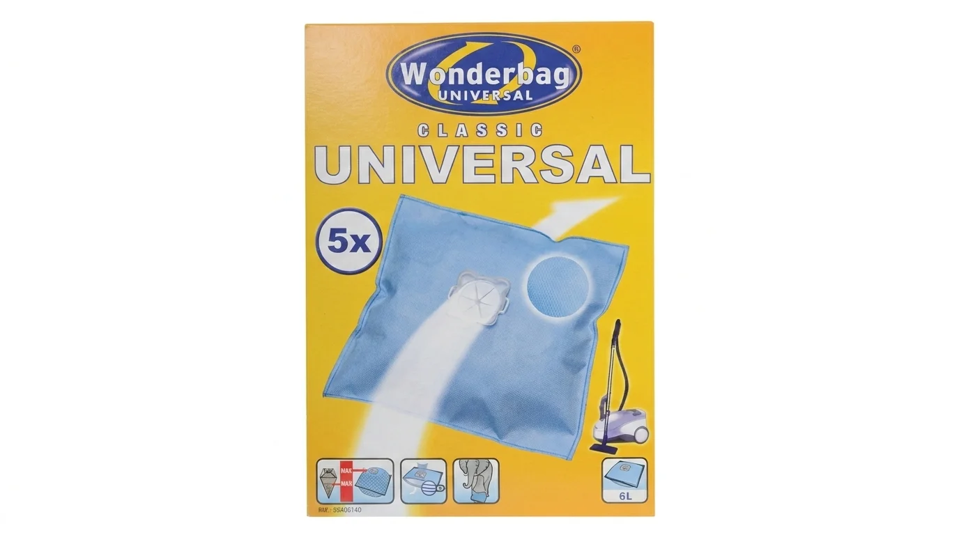 Žlté balenie univerzálnych vreciek do vysávača Wonderbag Classic Universal s vyobrazením modrého vrecka a označením 5x.