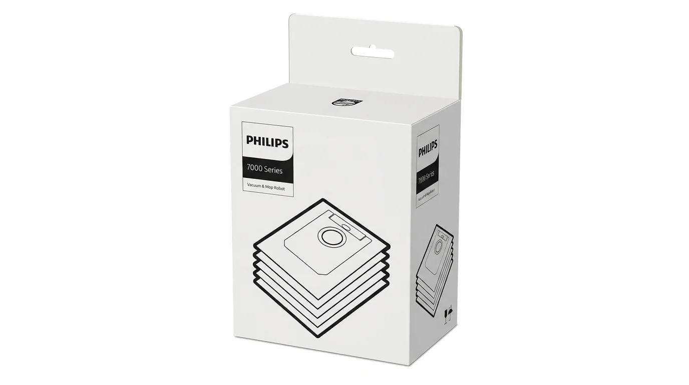 Bílá krabička sáčků do vysavače Philips 7000 Series s ilustrací sáčků na přední straně.