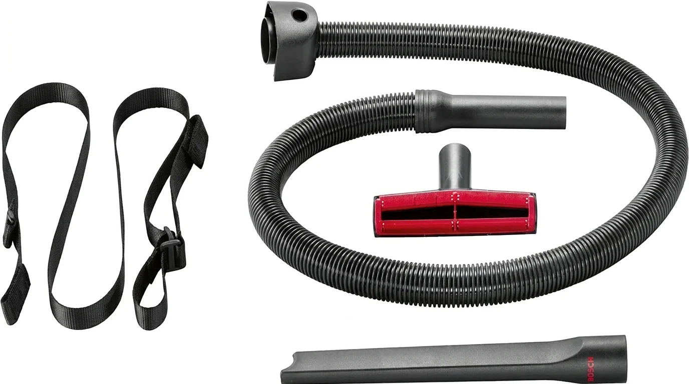 Sada příslušenství Bosch BHZKIT1 obsahuje flexibilní hadici, nastavitelný ramenní popruh, širokou hubici na čalounění a dlouhou štěrbinovou hubici.
