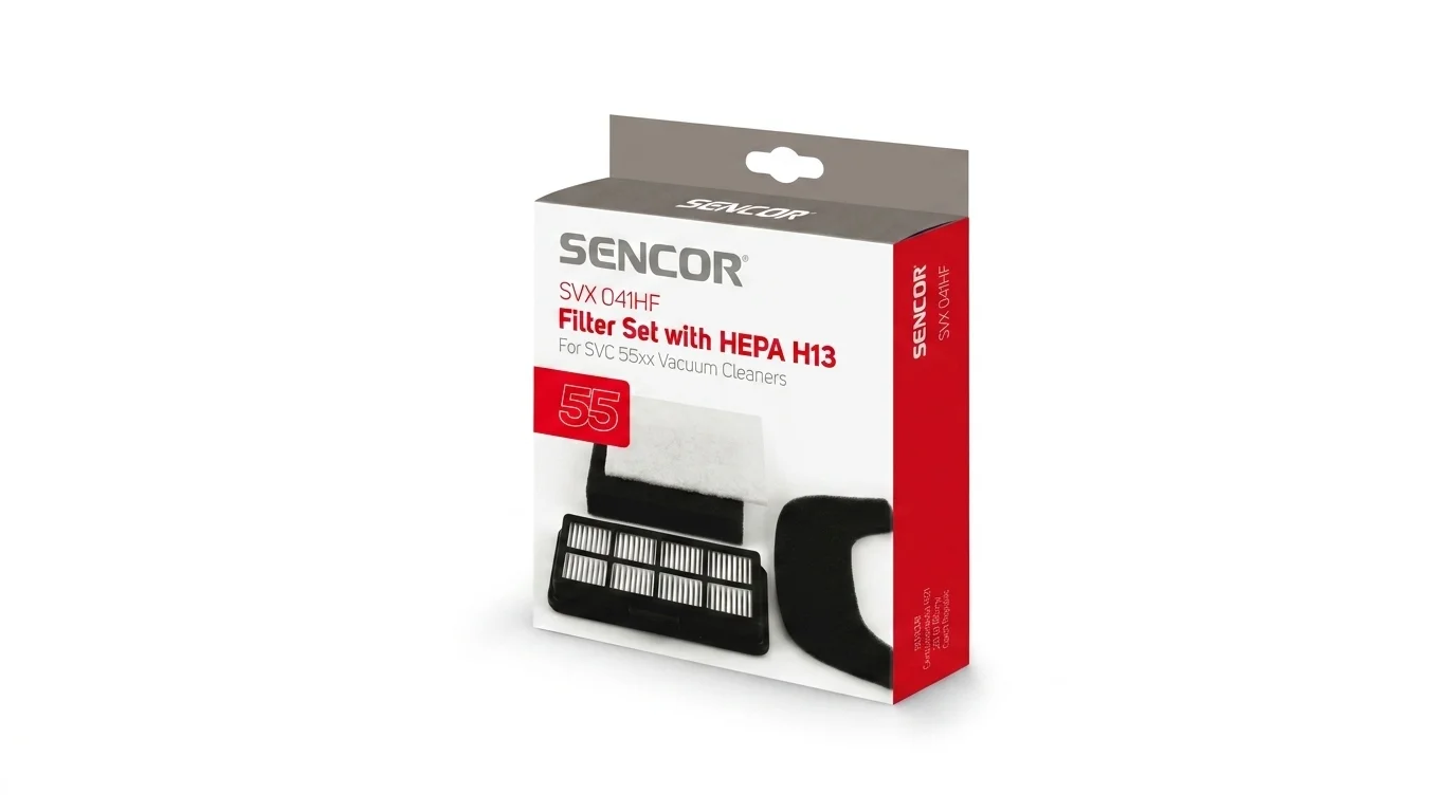 Balení náhradní sady filtrů Sencor SVX 041HF pro vysavače řady SVC 55xx s vyobrazením filtrů.