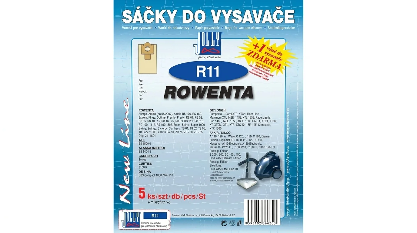 Modré balení sáčků do vysavače Jolly R11 Rowenta s informací o obsahu pěti kusů a vůni zdarma.
