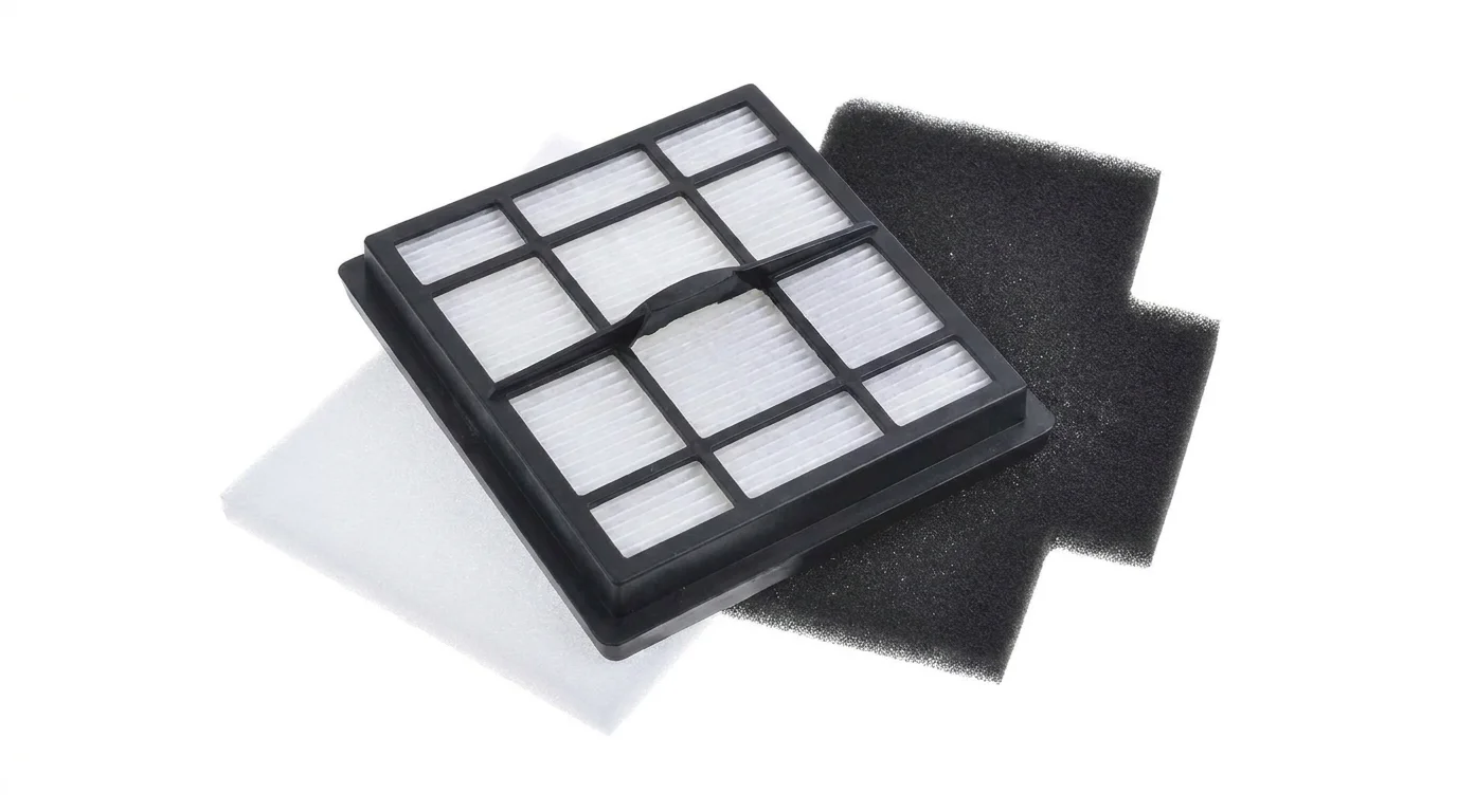 Sada náhradních filtrů Sencor SVX 044HF obsahující skládaný filtr v černém plastovém rámečku, bílý pěnový filtr a černý pěnový filtr.