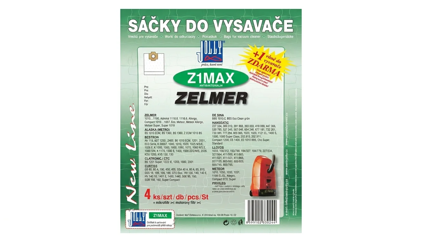 Zelenobílé balení sáčků do vysavače Jolly Z1MAX pro vysavače Zelmer se 4 kusy v balení a vůní zdarma.