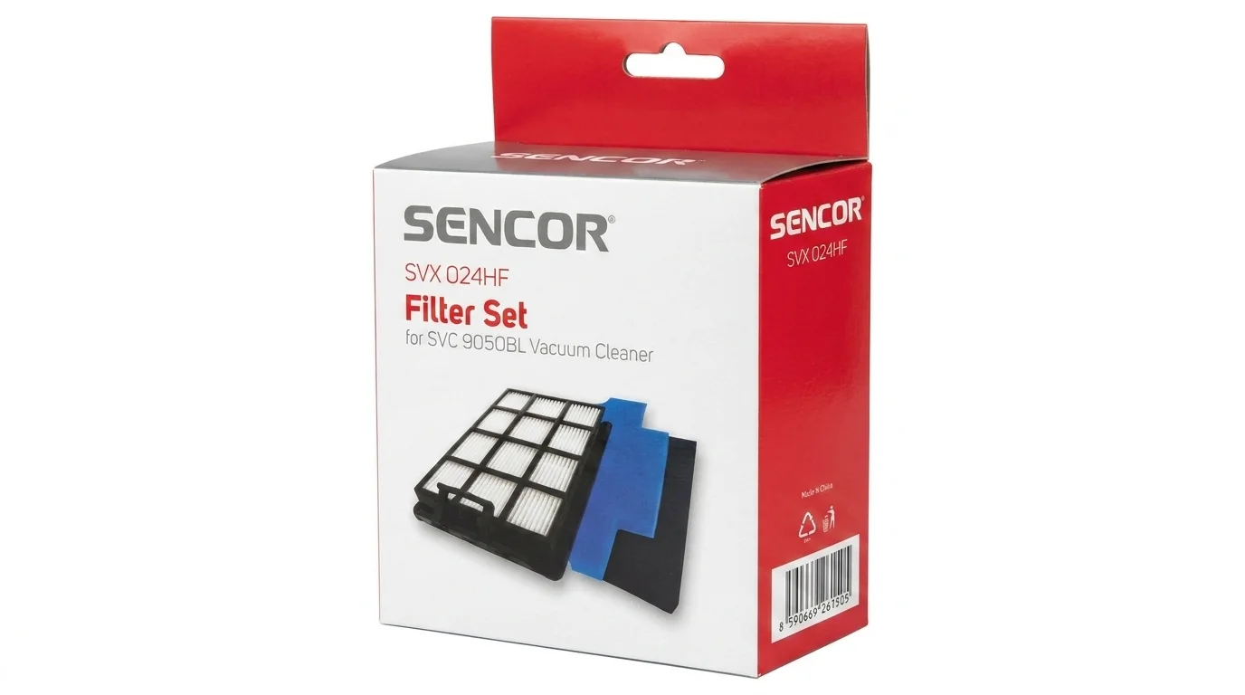 Bielo-červená krabica sady filtrov Sencor SVX 024HF pre vysávač SVC 9050BL s vyobrazením filtrov.