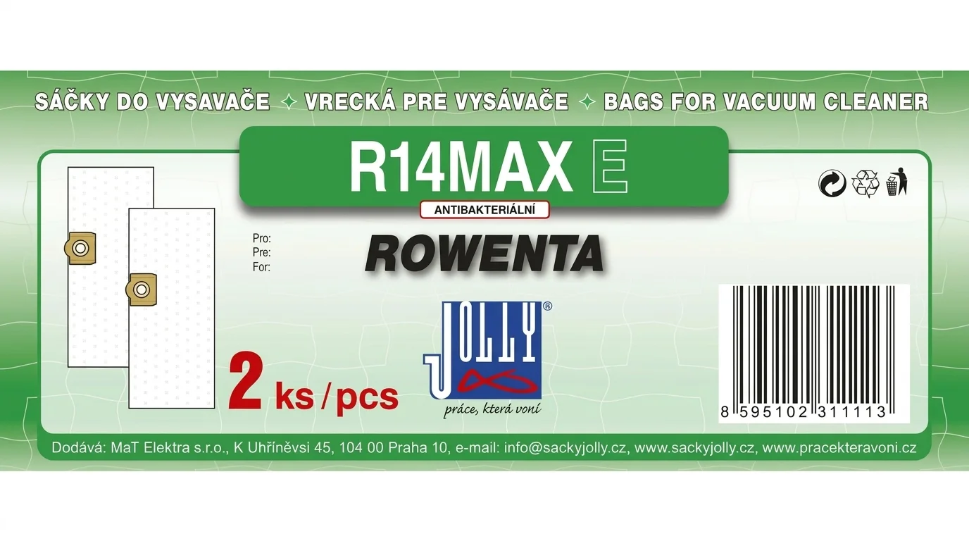 Obal sáčků do vysavače Jolly R14MAX E pro vysavače Rowenta s vyobrazením dvou sáčků a označením 2 ks.
