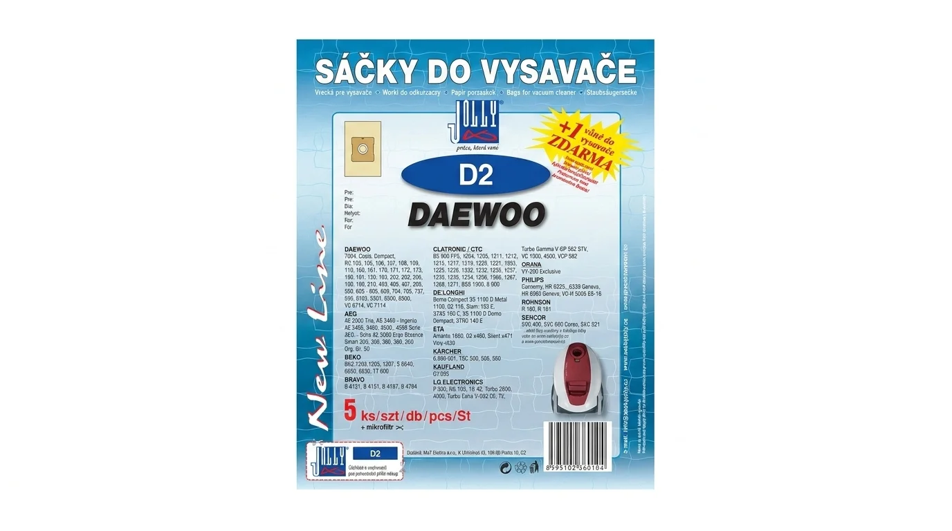 Balení sáčků do vysavače Jolly D2 pro značku Daewoo a další kompatibilní modely s označením pěti kusů v balení a mikrofiltru zdarma.