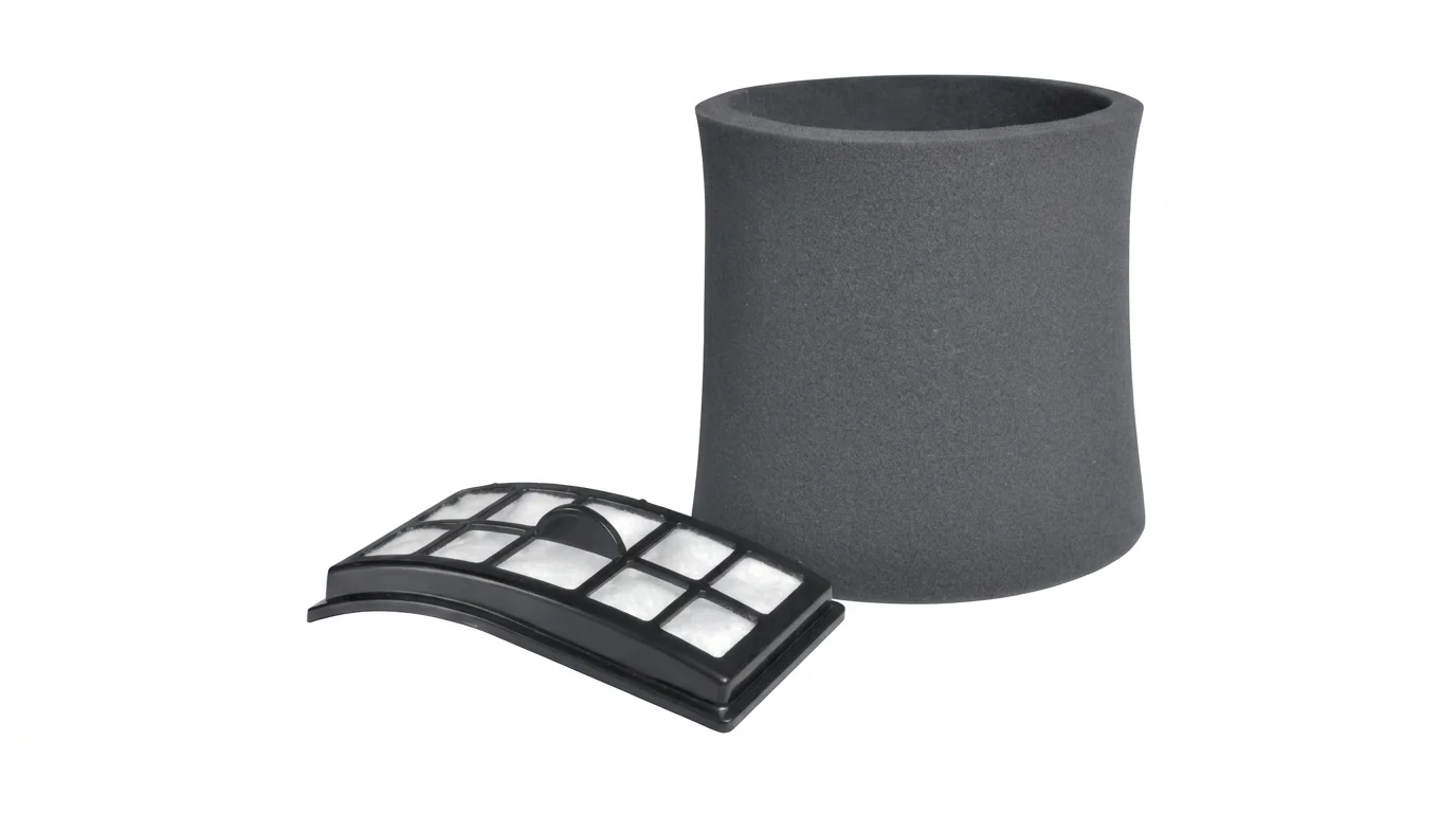Sada filtrů Sencor SVX 030 obsahující tmavě šedý pěnový válec a zakřivený mřížkový filtr s bílou výplní.