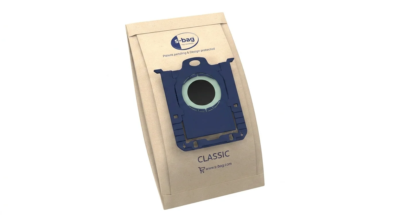 Papírový sáček do vysavače s-bag Classic s modrým plastovým úchytem na bílém pozadí.