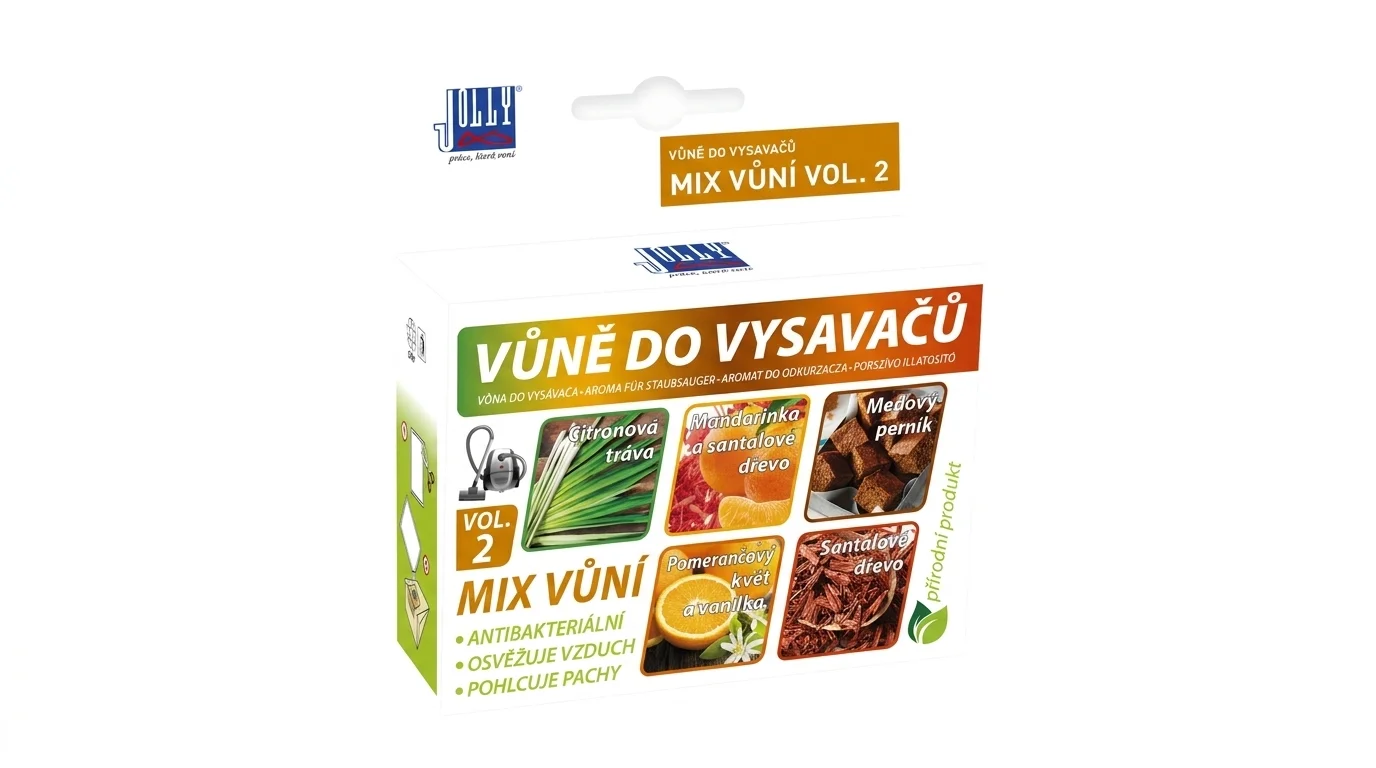Balenie vône do vysávača Jolly Mix vôní Vol. 2 s vyobrazením piatich rôznych vôní.