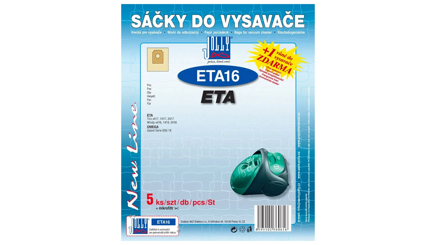 Modré balenie vreciek do vysávača Jolly ETA16 s vyobrazením zeleného vysávača.