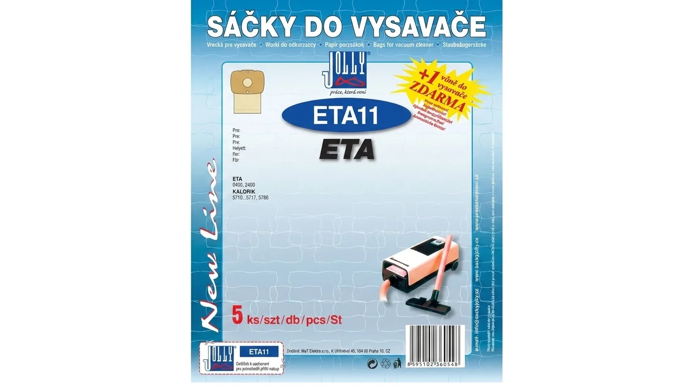 Modré balení sáčků do vysavače Jolly ETA11 s nápisem Sáčky do vysavače, logem značky a informací o 5 kusech v balení.