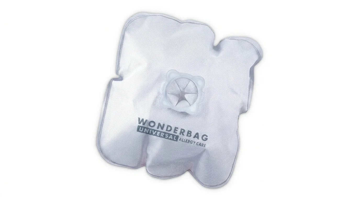 Biele textilné vrecko do vysávača Rowenta Wonderbag s plastovým adaptérom a nápisom WONDERBAG UNIVERSAL ALLERGY CARE.