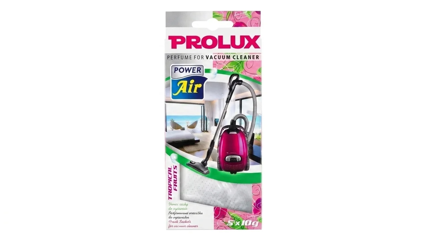 Balení vůně do vysavače Power Air Prolux Tropical Fruits s vyobrazením růžového vysavače.