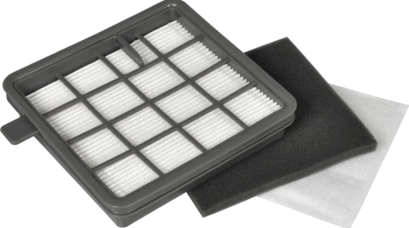 Sada filtrů Sencor SVX 012HF obsahující čtvercový HEPA filtr v šedém plastovém rámu, černý pěnový filtr a bílý mikrofiltr.