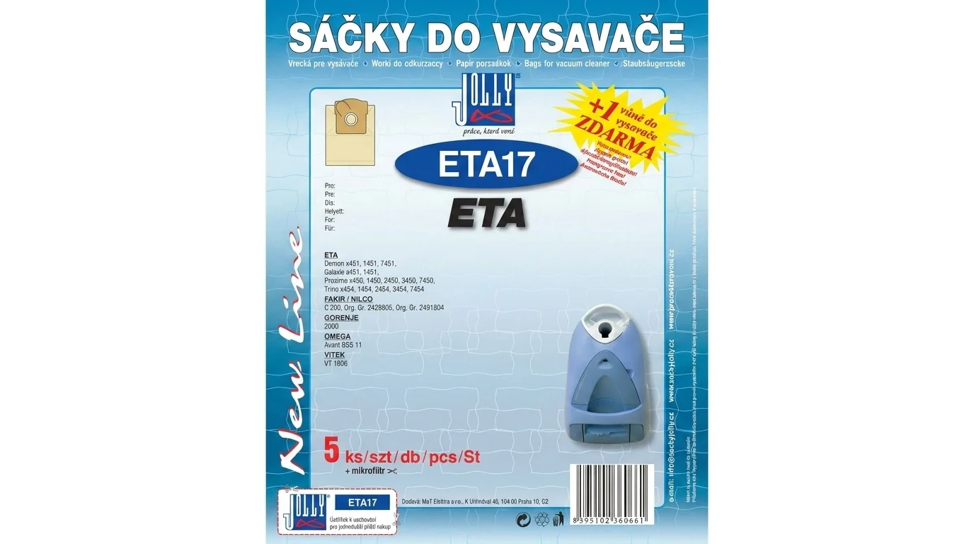 Modré balení sáčků do vysavače Jolly ETA17 s označením kompatibility pro vysavače ETA a informací o vůni zdarma.