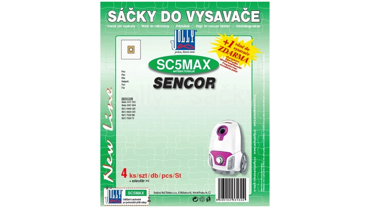 Balení sáčků do vysavače Jolly SC5 MAX pro vysavače Sencor se 4 kusy sáčků, mikrofiltrem a vůní zdarma.