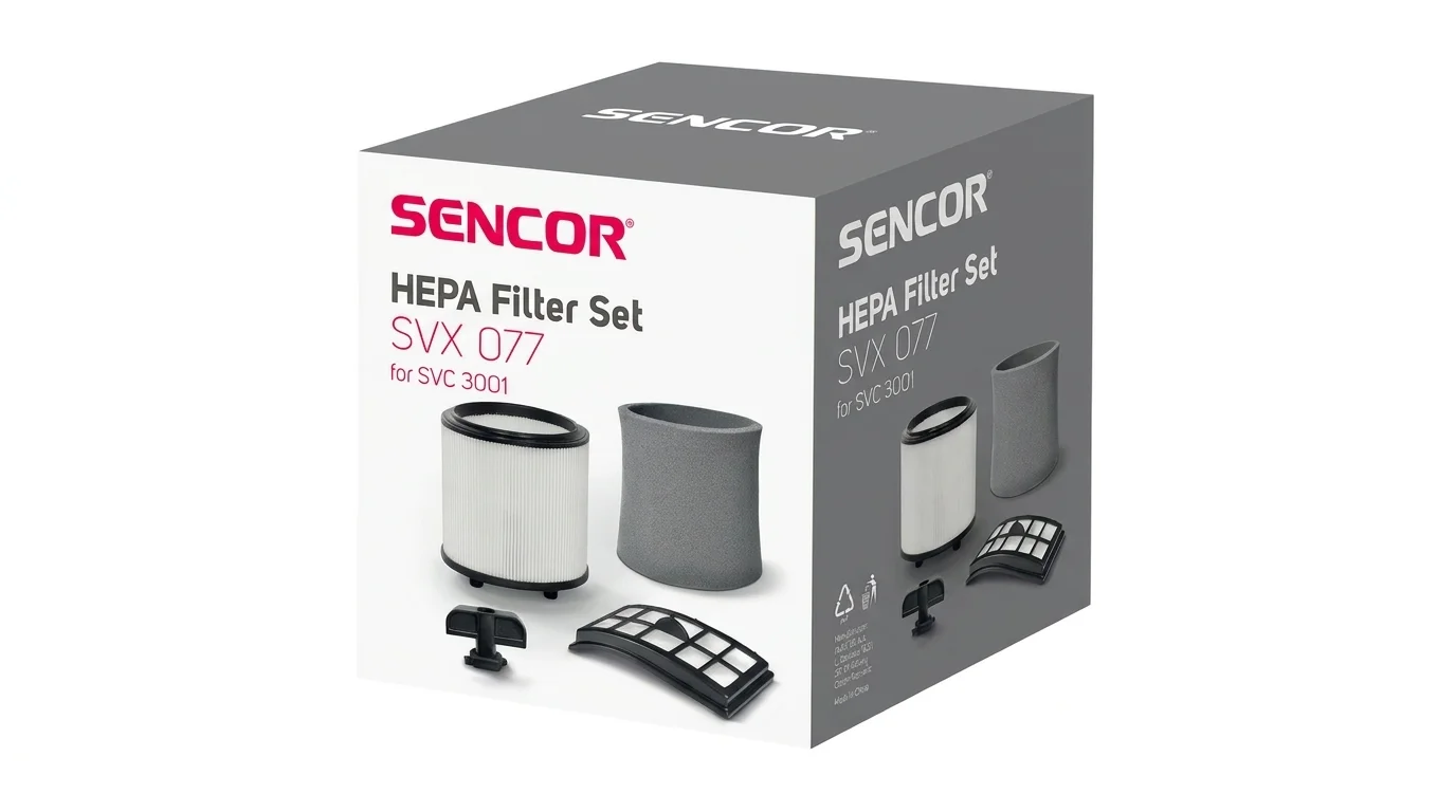 Balení náhradní sady filtrů Sencor SVX 077 pro vysavač SVC 3001 s vyobrazeným HEPA filtrem, pěnovým filtrem a mikrofiltrem.