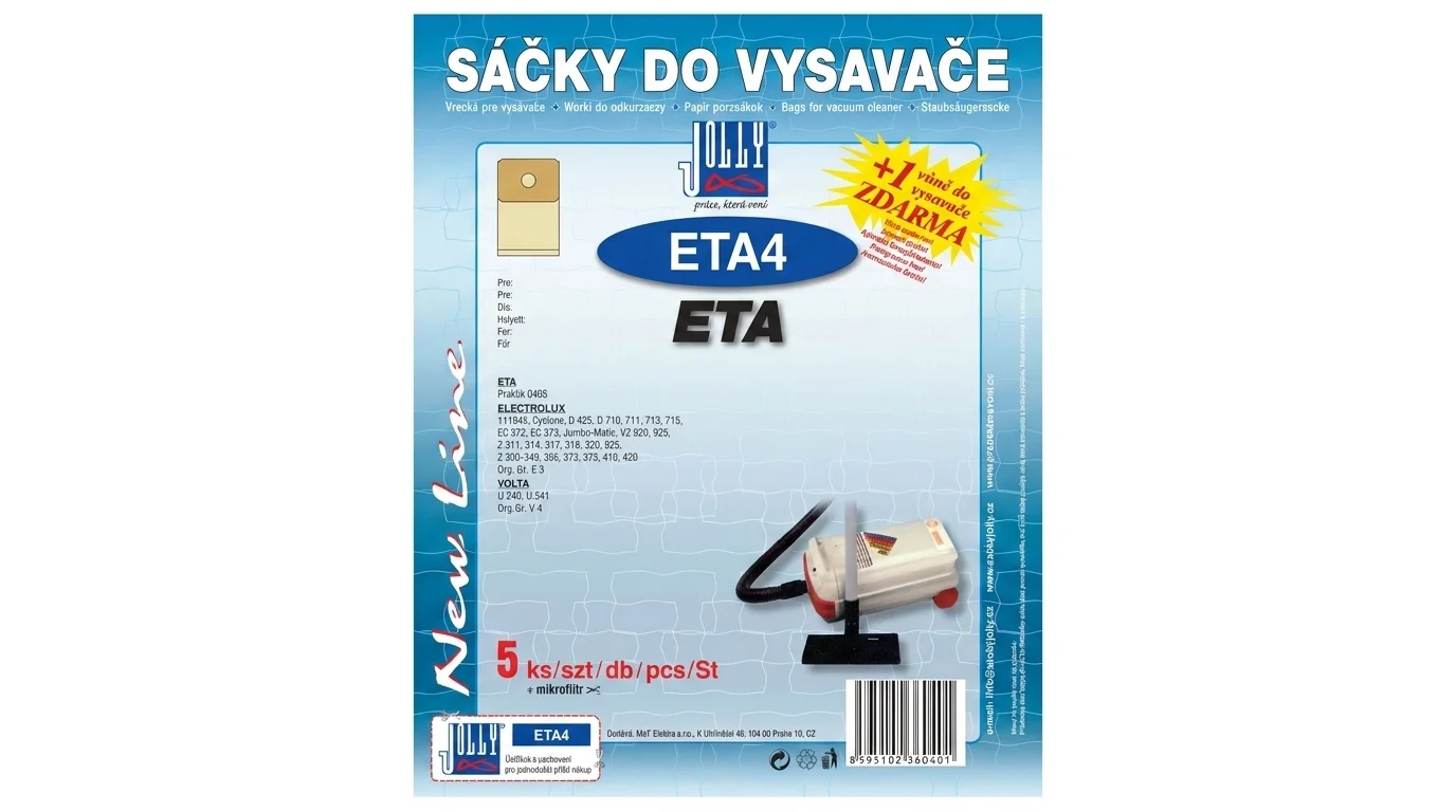 Modré balení sáčků do vysavače Jolly ETA4 s označením 5 kusů v balení a mikrofiltrem zdarma.