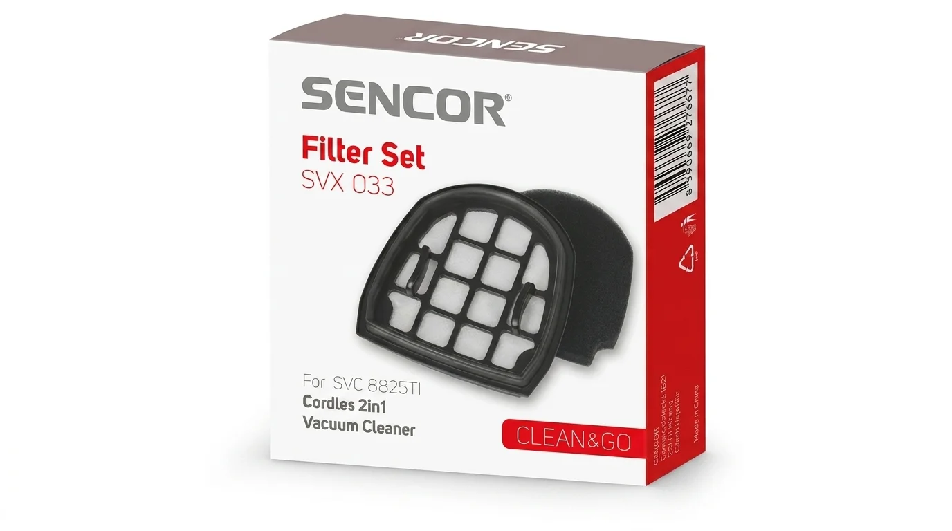 Bílo-červená krabička sady filtrů Sencor SVX 033 pro vysavač SVC 8825TI.