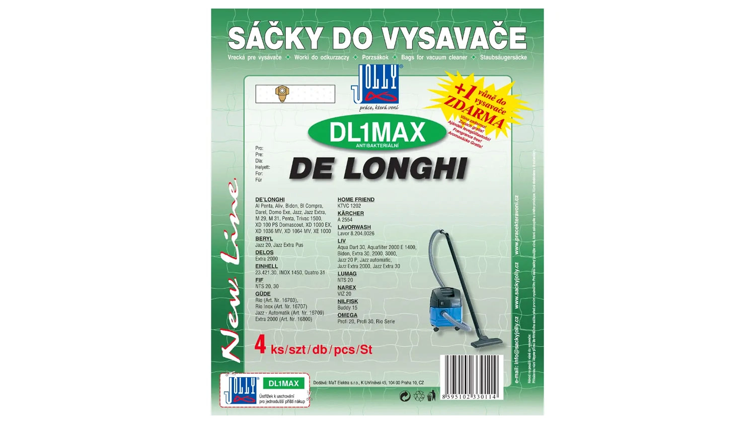 Zelenobílé balení sáčků do vysavače Jolly DL1MAX s nápisem De Longhi, informací o 4 kusech v balení a vůní zdarma.