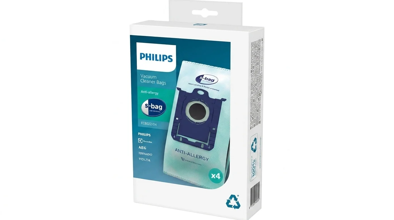 Biela krabica s modrým dizajnom zobrazuje antialergické vrecká do vysávača Philips s-bag FC8022/04 v balení po 4 kusy.