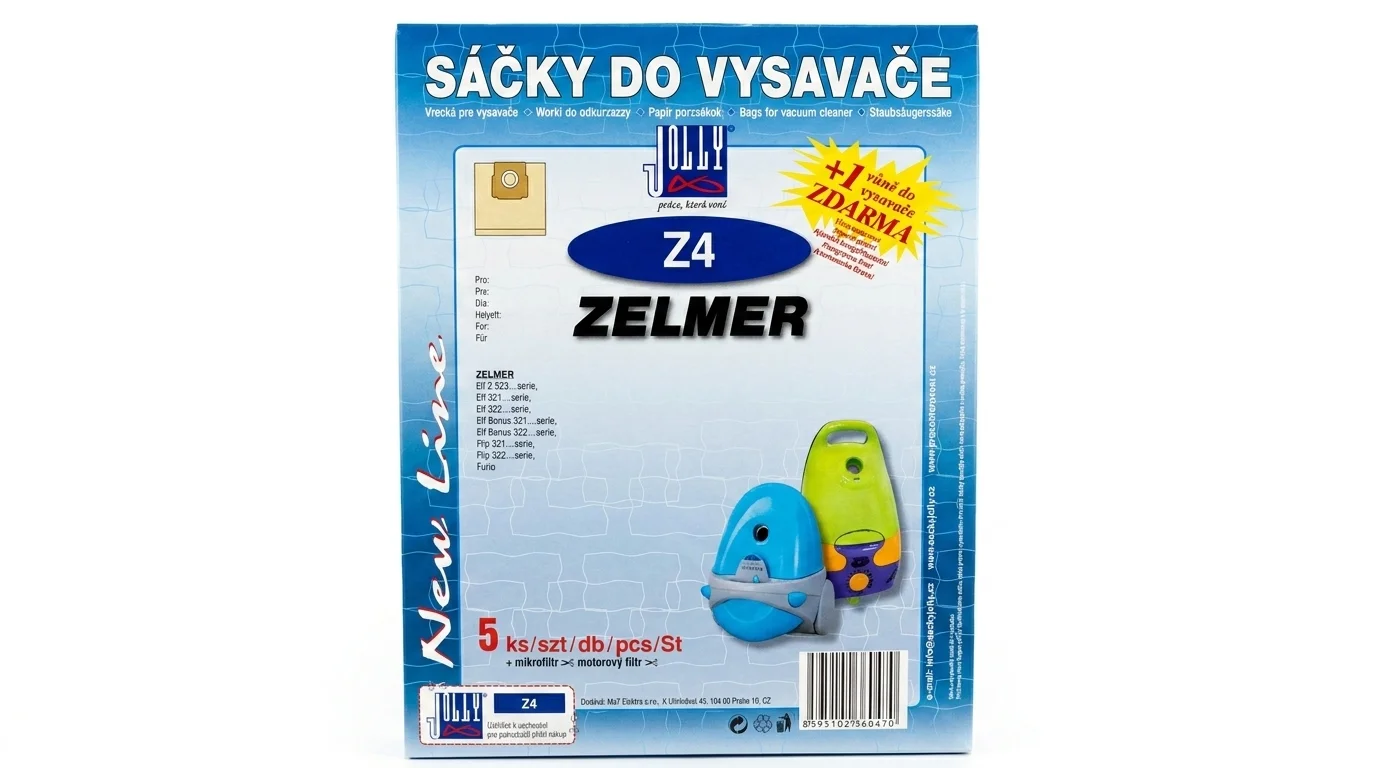 Modré balení sáčků do vysavače Jolly Z4 pro vysavače Zelmer s vyobrazením dvou vysavačů a informací o vůni zdarma.