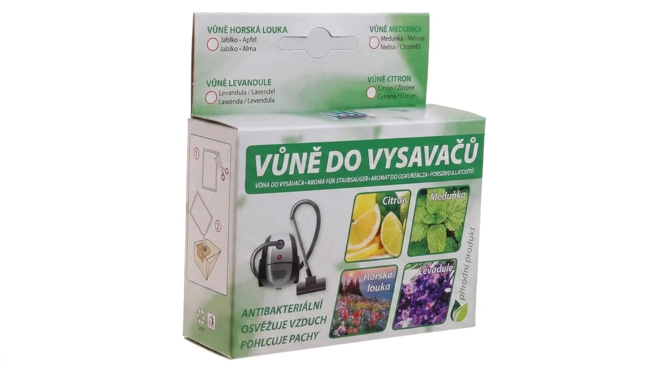Krabička s vůní do vysavačů Jolly s vyobrazením vysavače a různých druhů vůní, jako je levandule, citron, meduňka a horská louka.
