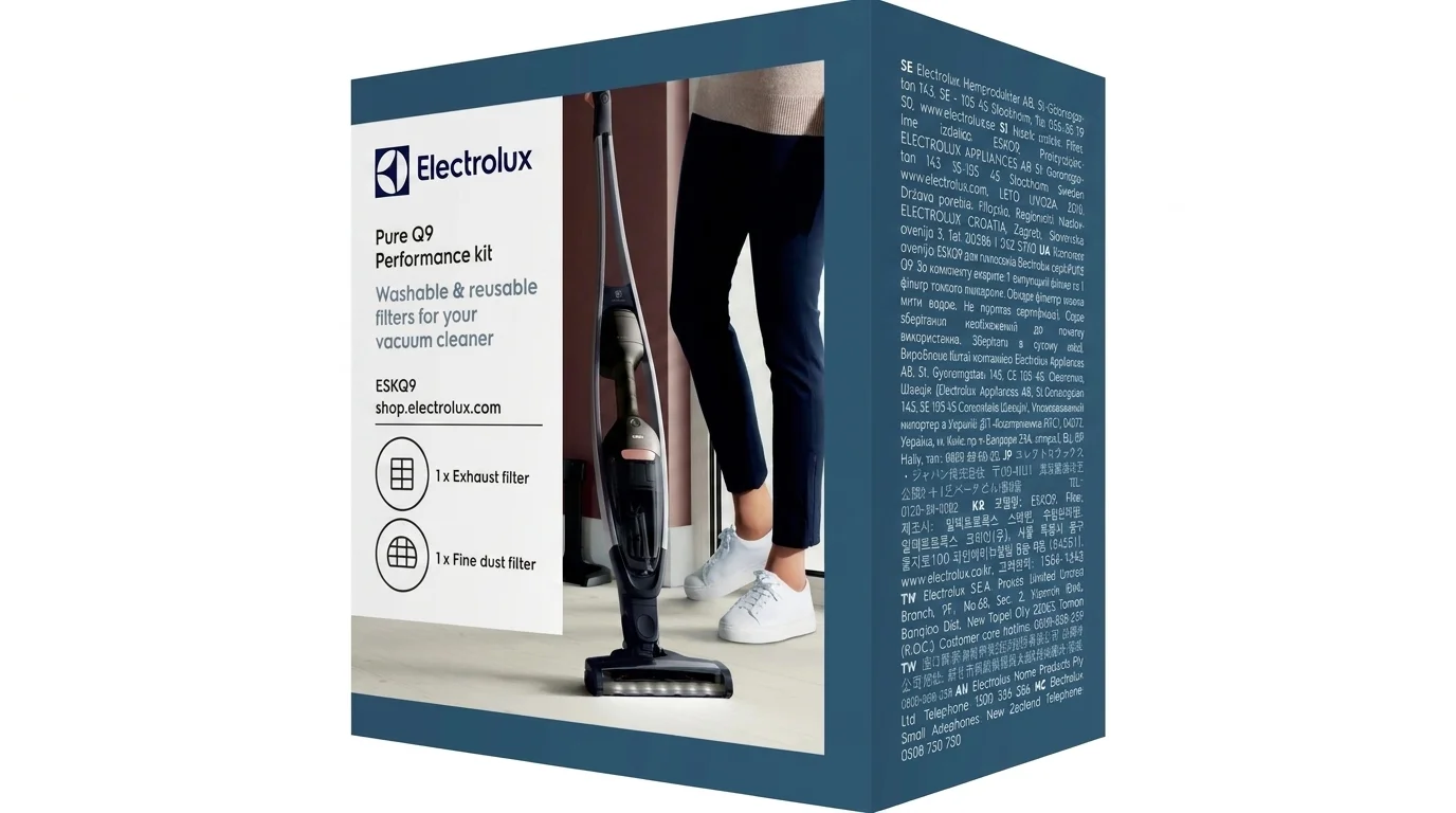 Modrobílá krabice sady filtrů Electrolux Pure Q9 Performance kit s vyobrazením tyčového vysavače.