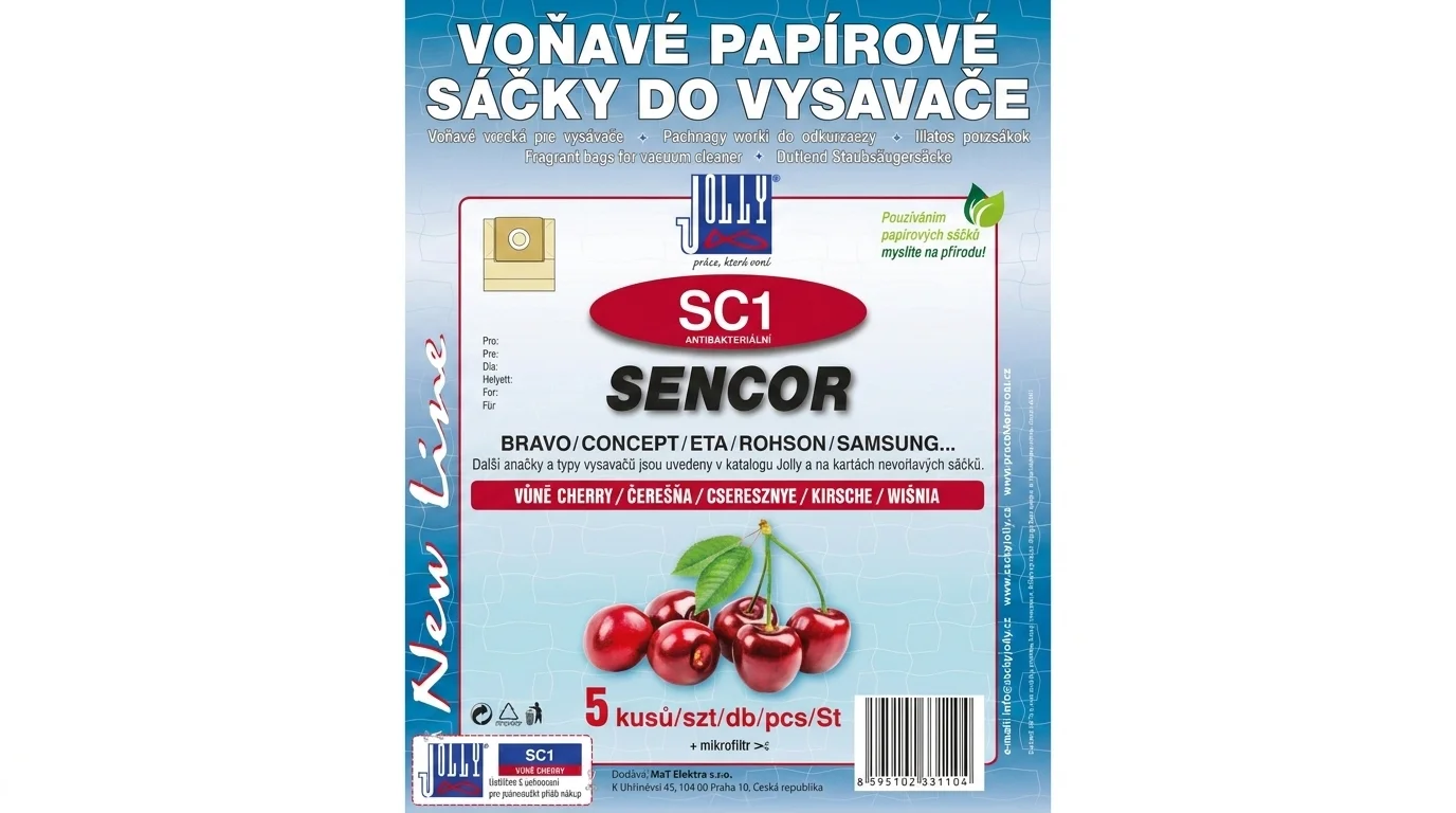 Balenie vreciek do vysávača Jolly SC1 s vôňou čerešní pre vysávače Sencor a ďalšie značky, ktoré obsahuje 5 kusov a mikrofilter.