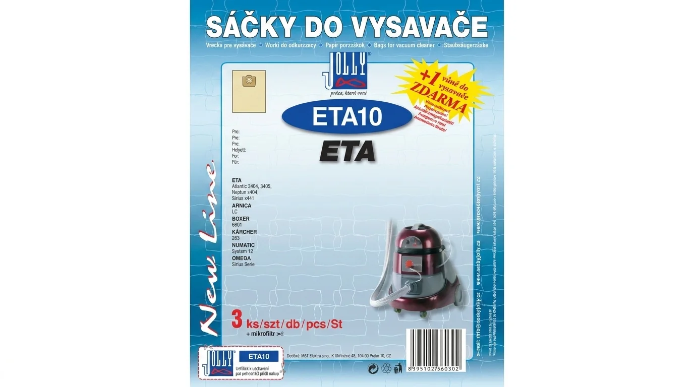 Modré balení sáčků do vysavače Jolly ETA10 s vyobrazením vysavače a informací o třech kusech v balení a vůni zdarma.