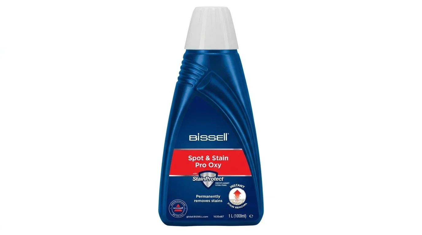 Modrá láhev čisticího přípravku Bissell Spot & Stain Pro Oxy o objemu 1 litr s bílým uzávěrem.
