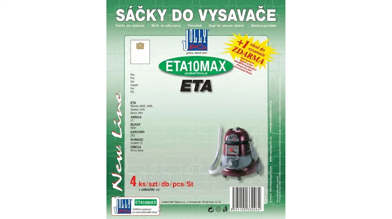 Zelenobílé balení sáčků do vysavače Jolly ETA10MAX s nápisem New Line, obrázkem vysavače a informací o obsahu 4 kusů sáčků.