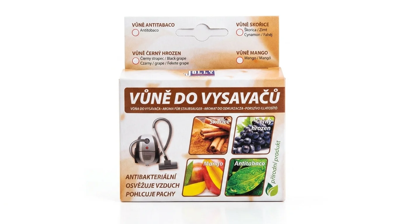 Krabička s vůní do vysavačů Jolly s nápisem Vůně do vysavačů a vyobrazením variant skořice, černý hrozen, mango a antitabaco.