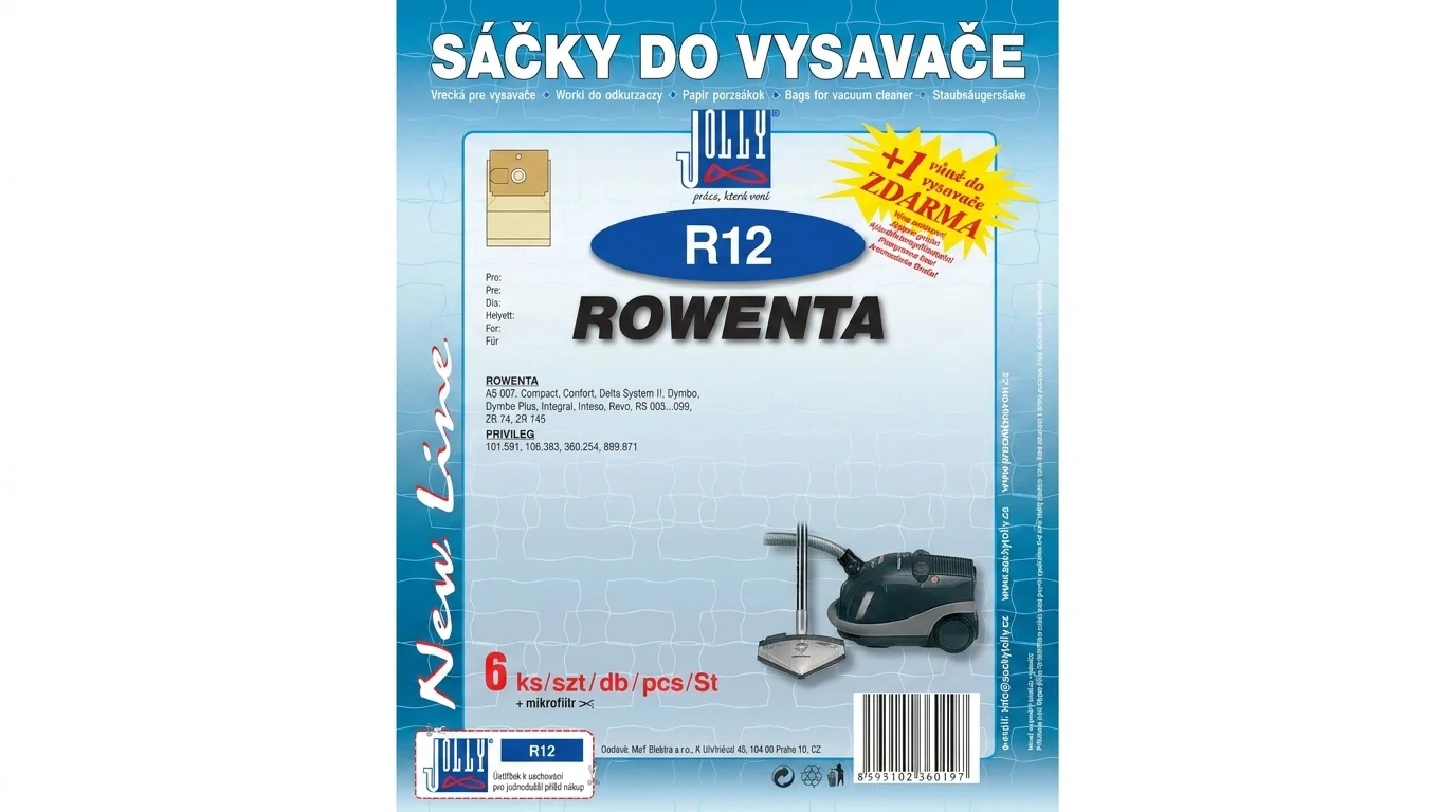 Modré balení sáčků do vysavače Jolly R12 pro vysavače Rowenta a Privileg s informací o obsahu 6 kusů, mikrofiltru a vůně zdarma.