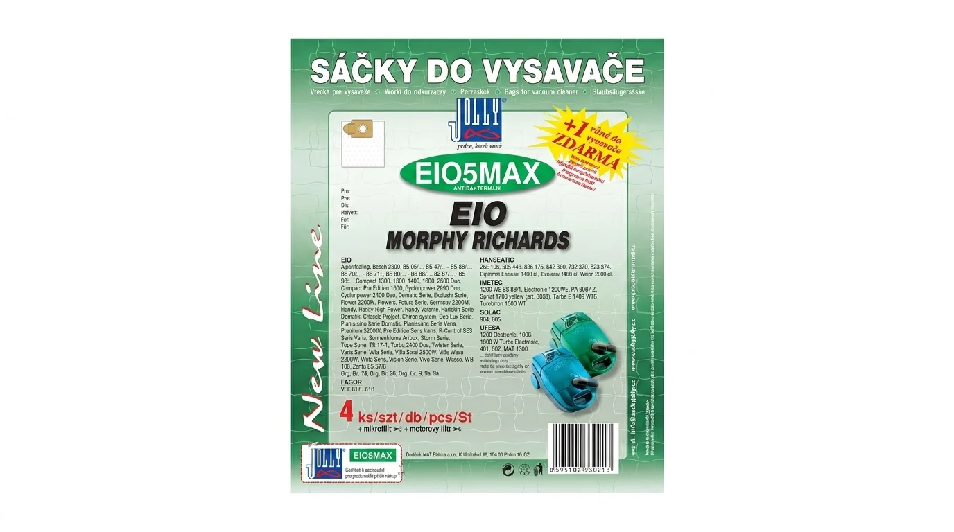 Zelené balení sáčků do vysavače Jolly EIO 5 MAX s informacemi o kompatibilitě s vysavači EIO a Morphy Richards.