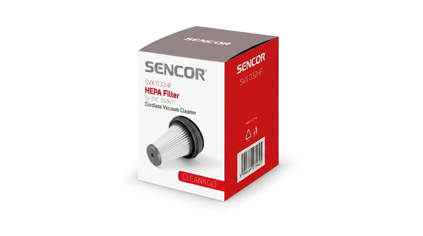 Bílo-červená krabička s náhradním HEPA filtrem Sencor SVX 032HF pro tyčové vysavače.