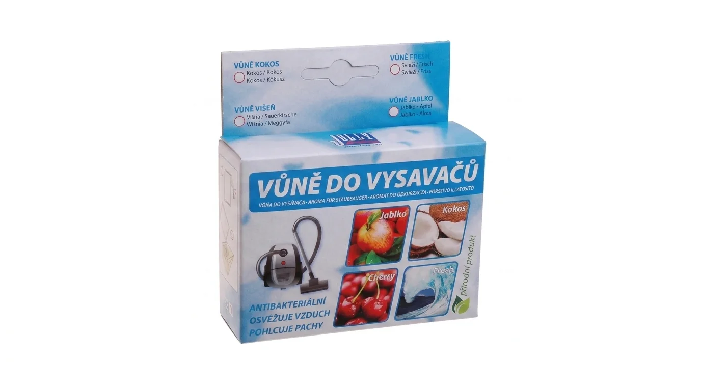Modrobílá krabička s vůní do vysavačů Jolly s vyobrazením jablka, kokosu, třešní a mořské vlny.