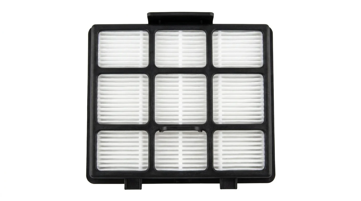 Černý plastový rám HEPA filtru ETA 1519 90090 s mřížkou rozdělenou na devět částí s bílým skládaným filtrem.