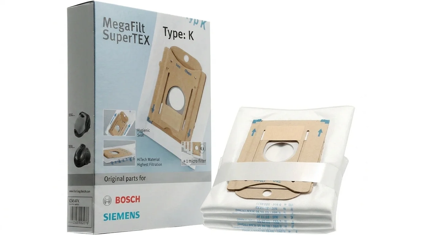 Krabice sáčků do vysavače Bosch MegaFilt SuperTEX Type K a vedle ní složený svazek bílých sáčků s kartonovým čelem.