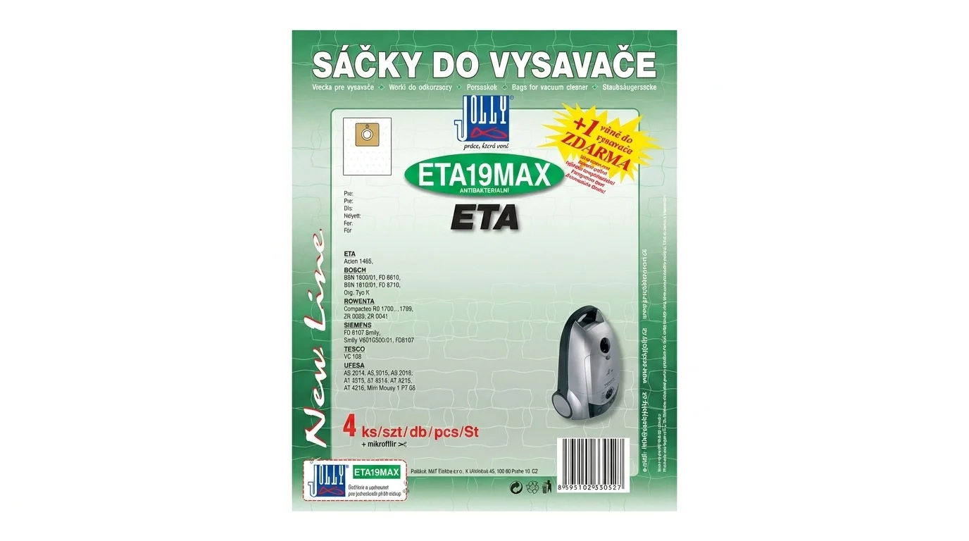 Zelenobílé balení sáčků do vysavače Jolly ETA19MAX s logem značky, označením modelu a informací o čtyřech kusech v balení.