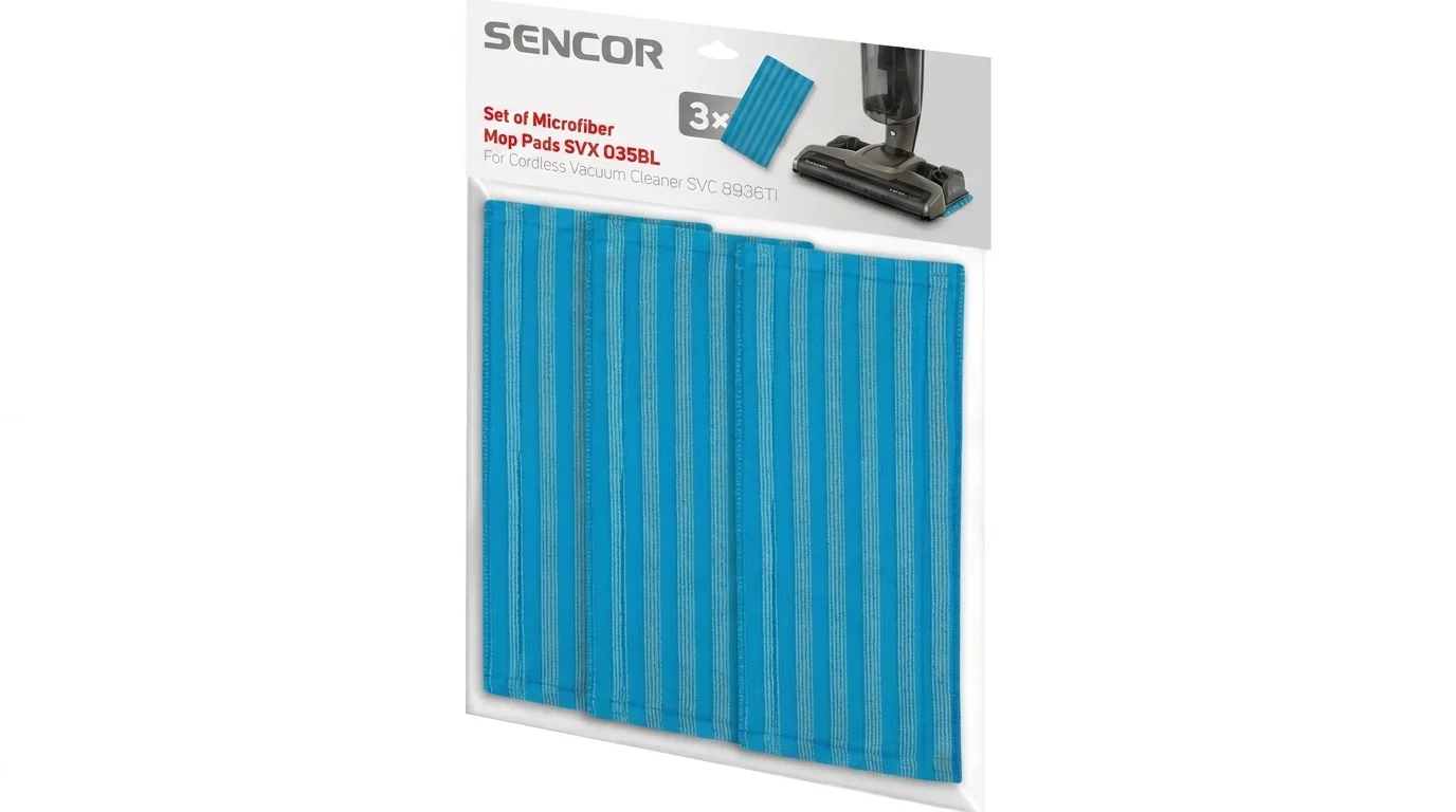 Sada tří kusů modrých mikrovlákenných mopovacích textilií Sencor SVX 035BL v originálním balení.