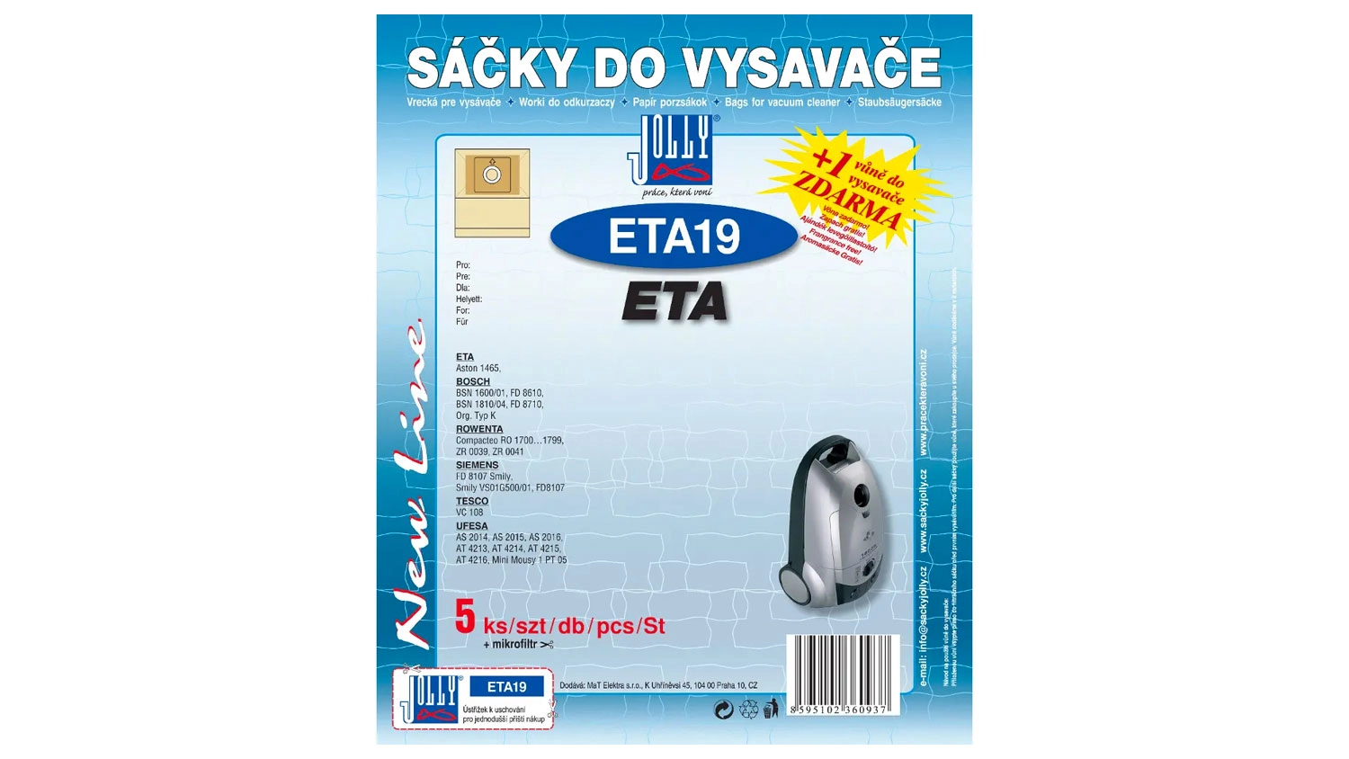 Modré balenie vreciek do vysávača Jolly ETA19 s vyobrazením vysávača a informáciou o 5 kusoch v balení a vôni zadarmo.