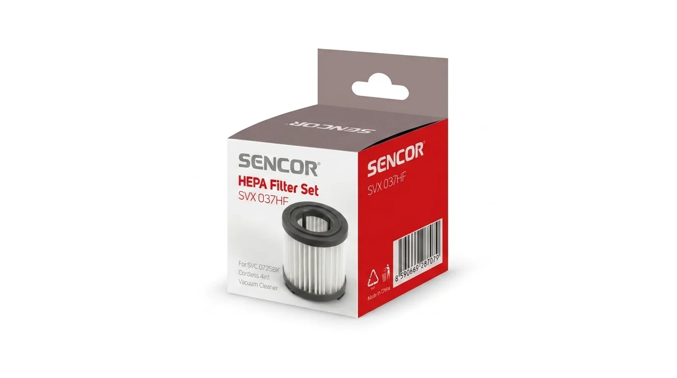 Bílo-červená krabička s originální sadou HEPA filtrů Sencor SVX 037HF.