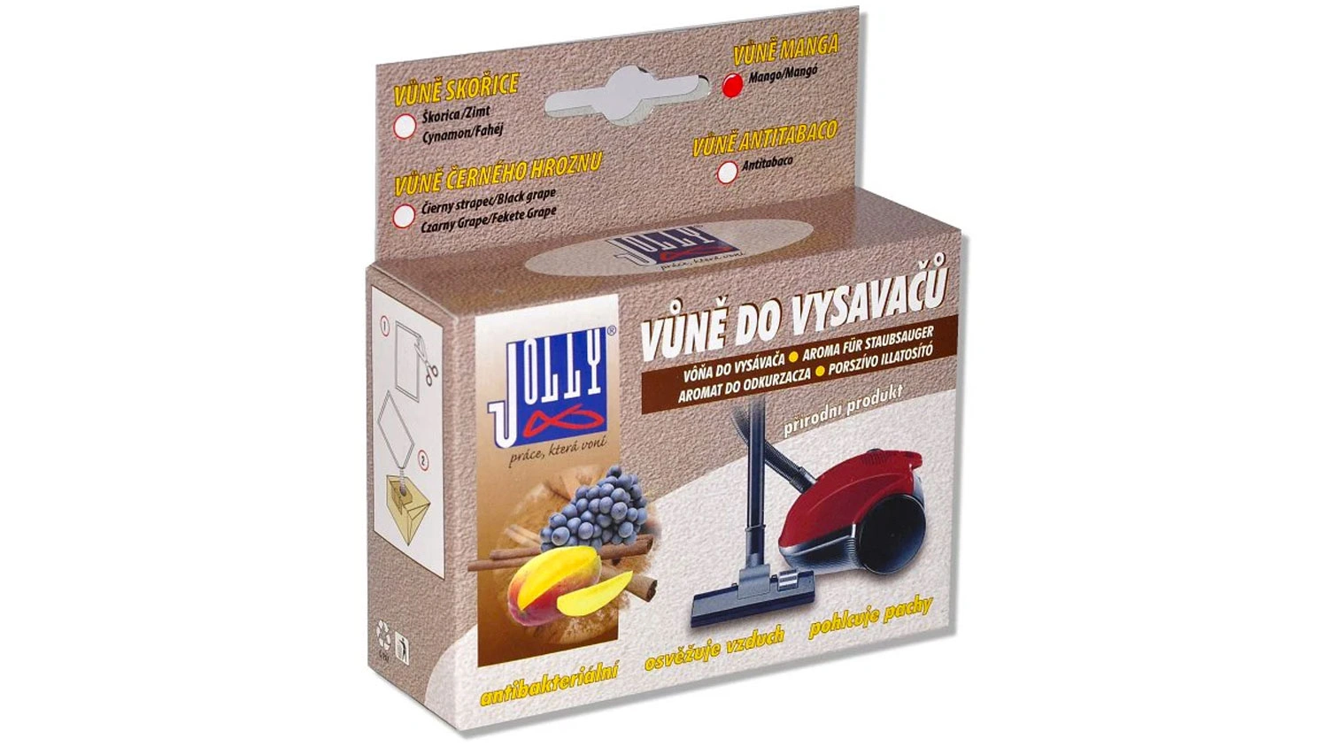 Papírová krabička s přírodní vůní do vysavače Jolly s nápisem Vůně do vysavačů a vyobrazením červeného vysavače.