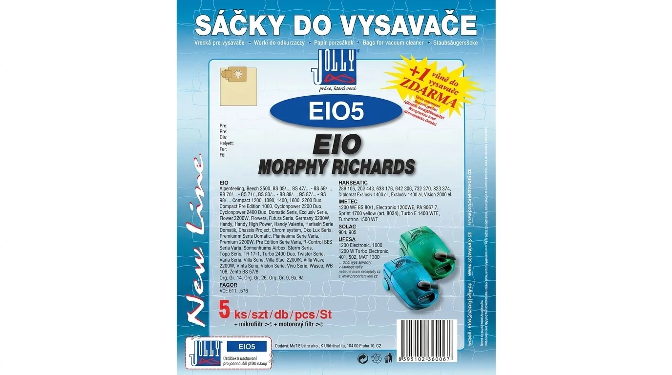Modré balení sáčků do vysavače Jolly EIO5 s informacemi o kompatibilitě a označením pěti kusů v balení.