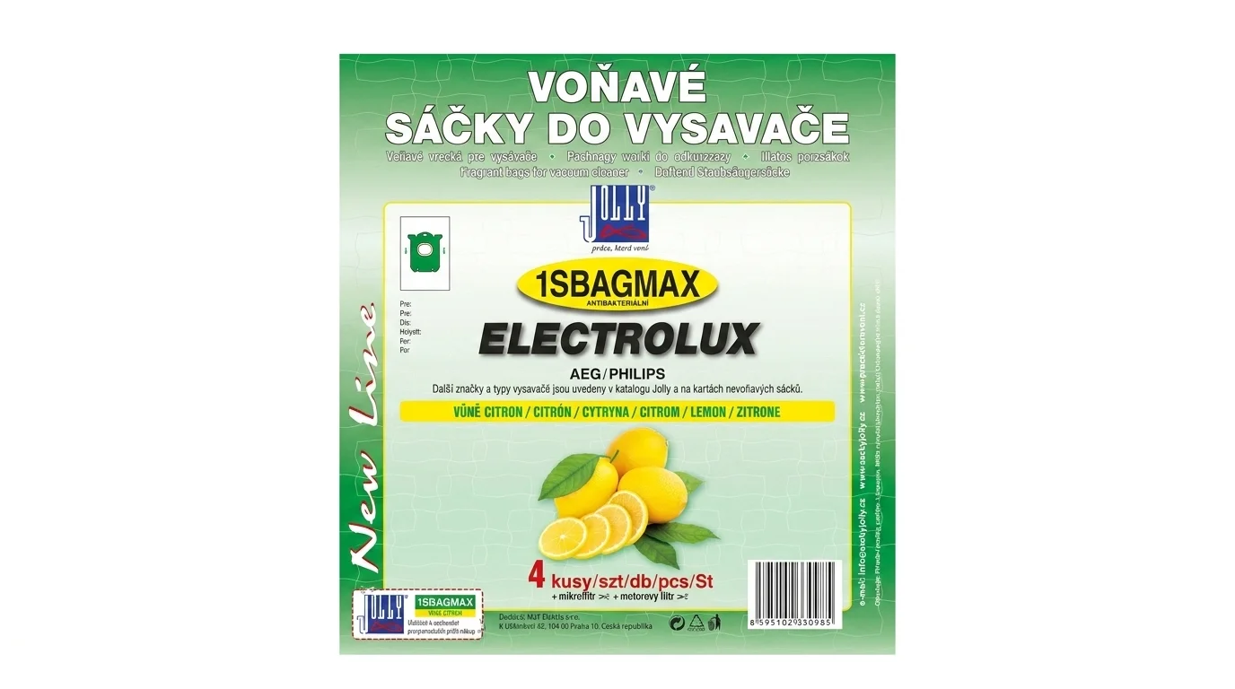 Zelené balenie voňavých vreciek do vysávača Jolly 1SBAGMAX pre vysávače Electrolux, AEG a Philips s citrónovou vôňou.