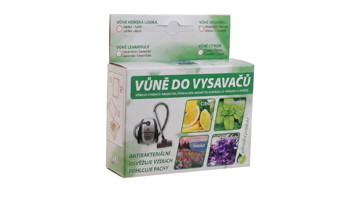 Zelenobiela krabička vône do vysávača Jolly s nápisom Vůně do vysavačů a ilustráciami citróna, medovky, horskej lúky a levandule.