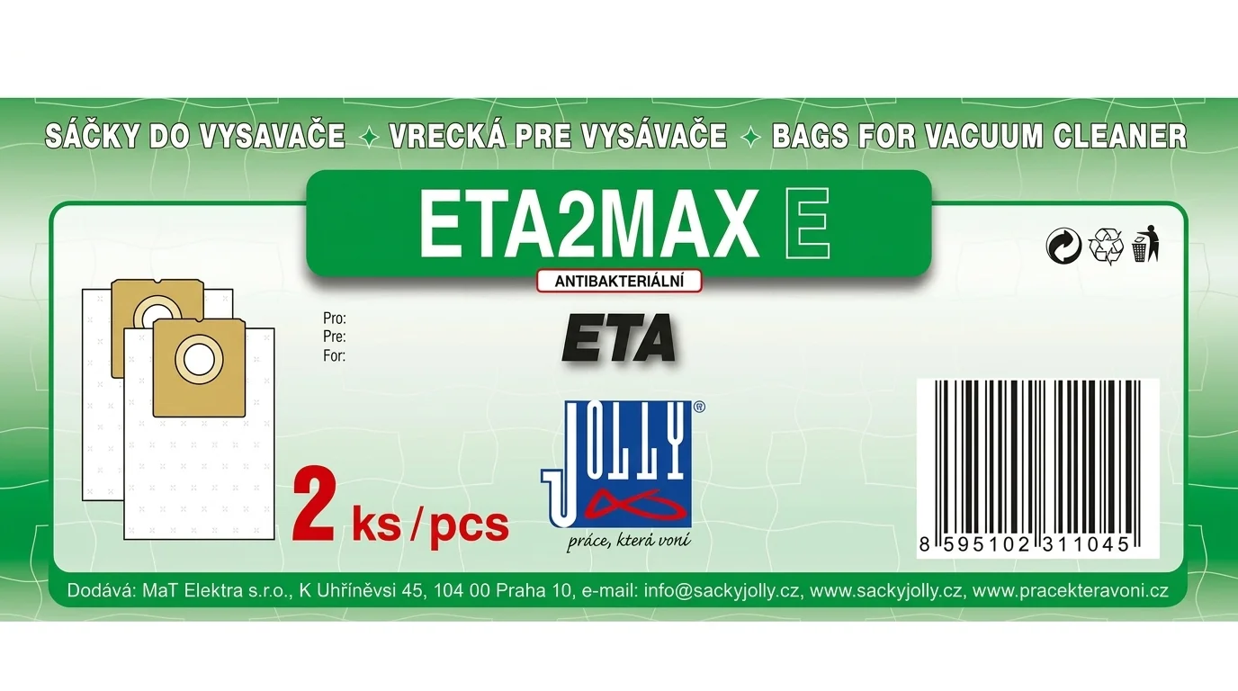 Zelené balení sáčků do vysavače Jolly ETA2MAX E určených pro vysavače ETA, které obsahuje dva kusy antibakteriálních sáčků.